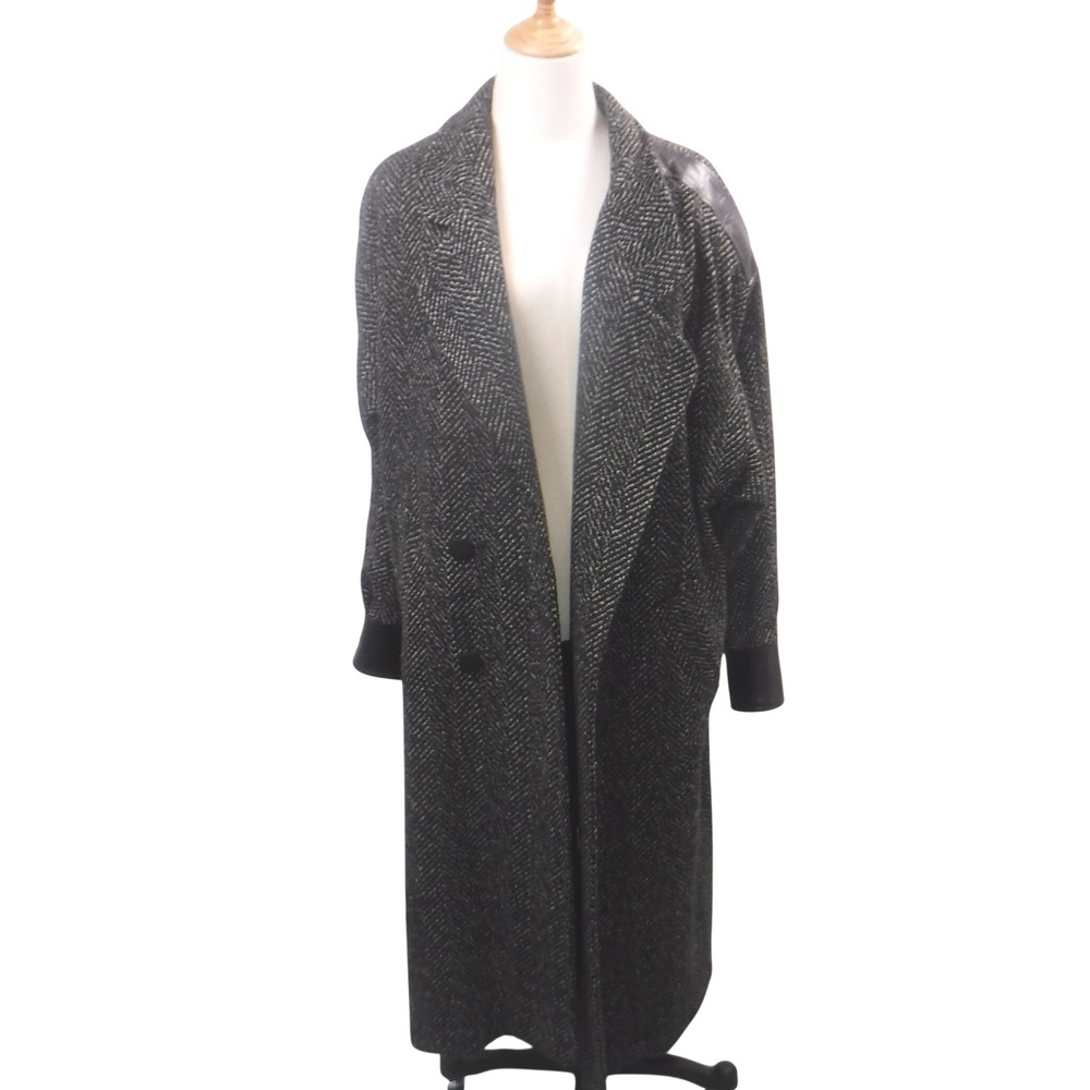 VTG Havoc Herringbone Tweed Coat Women's‎ ? Large Leather Trim Double Breatsed